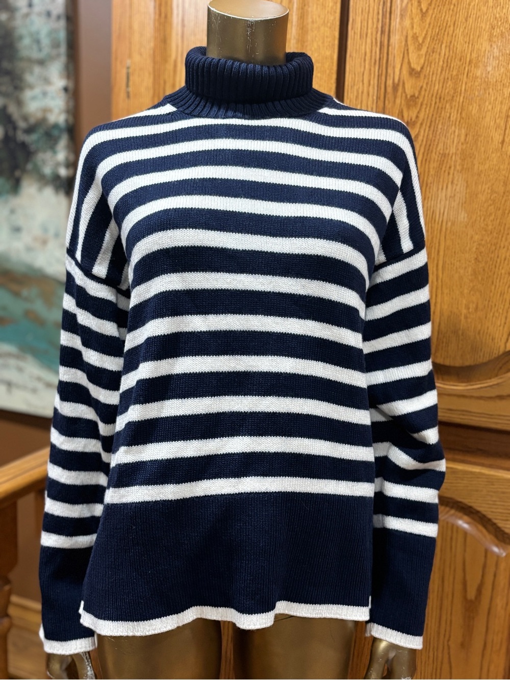 Babaton Navy and White Striped Turtleneck Sweater